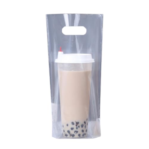 100 Pcs Disposable Clear Plastic Single Cup Drinking Bags Clear Milk Tea Packaging Bag Coffee Packaging Bag Drink Carrier Bag with Handles for Milk Tea Coffee Juice Beverage, 6.8