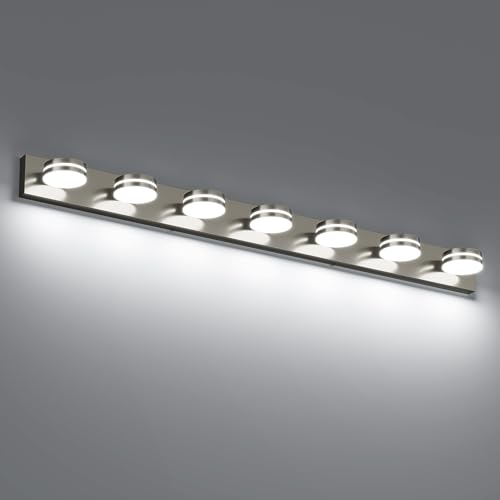Bicrink 55.12inch Brushed Nickel Vanity Light Fixtures, 7 Light LED Bathroom Vanity Lights Over Mirror, Modern Dimmable Bathroom Wall Lighting for Mirror (Cool White 5500K)