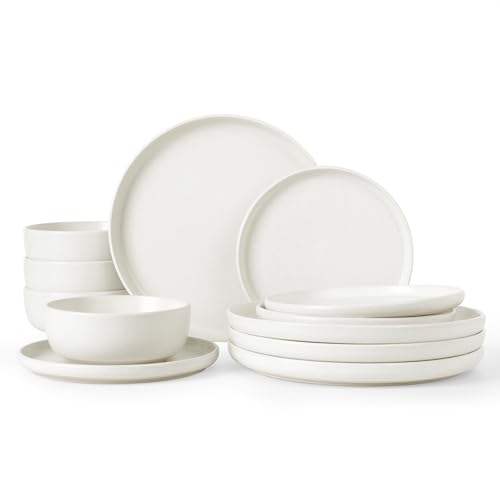 Famiware Milkyway Plates and Bowls Set, 12 Pieces Dinnerware Sets, Reactive Glaze Dish Set, Stoneware Dishes Set for 4, Matte White Famiware Milkyway Plates and Bowls Set, 12 Pieces Dinnerware Sets, Reactive Glaze Dish Set, Stoneware Dishes Set for 4, Matte White