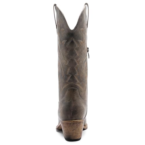 Image of GLOBALWIN Women's Mid Calf Western Cowboy Boots Cowgirl Boots for Women with Floral Embroidery Side Zipper Chunky Heel