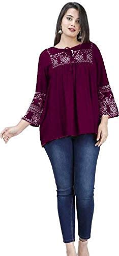 Image of Shiva Fab Short Kurti for Women | Embroidered Straight Rayon Kurta | Round Neck Full Sleeves Short Kurti for Women's (Small, Wine)