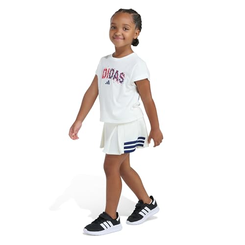 Image of adidas Girls Box Tee & Pleated Skort Set, Off-white, 6 | Short Sleeve T-Shirt, regular fit, above-knee length, 3-Stripes design, logo detail