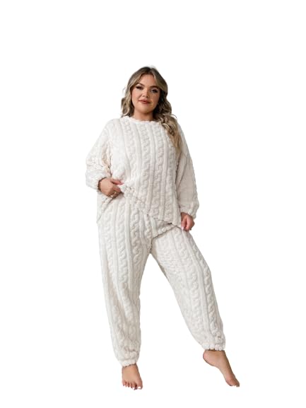 cigain Men & Women Plus Size Casual Pajamas Set, Unisex Plus Solid Textured Long Sleeve Round Neck Warm Flannelette & Joggers Loungewear Two Piece Set Size: (L-XXL)-picture-13