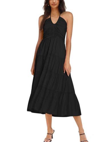DEEP SELF Women's Summer Halter Smocked Midi Dress Sleevelesss V Neck Ruffle Tiered Swing Flowy A Line Beach Sundress2