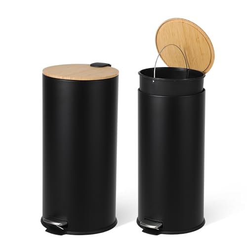 Caneca de Basura Redonda 30L Negra con Tapa Bambú y Pedal
