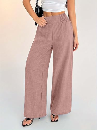 Image of Sugathari Women's Casual Wide Leg Pants - High Waist Elastic Waistband Loose Fit Long Trousers | Lightweight Straight Leg Summer PantsTrouser 254