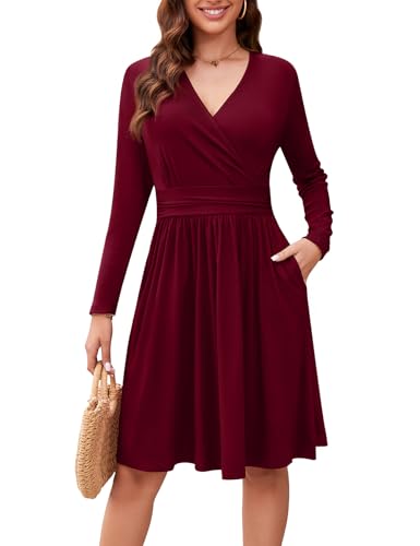Actcat V-Ausschnitt Pullover Kleid Langarm Casual Kleider Herbst Kleid Damen Floral Party Kleider mit Taschen