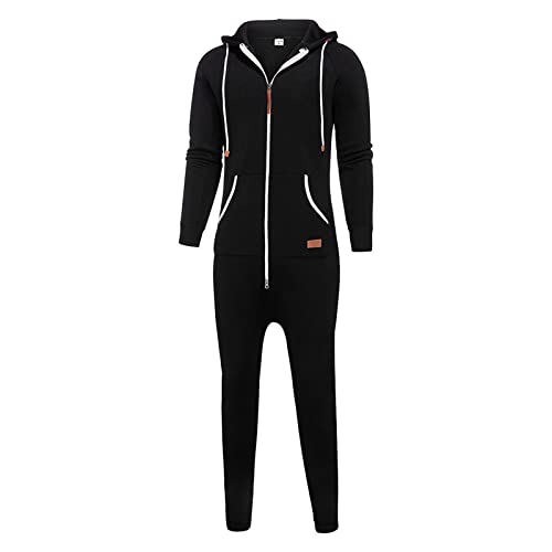 WUAI Onesie Men's Hooded Jumpsuit Zip Up One Piece Pajamas Playsuit Jogger Sweatsuit Overall Romper Black4