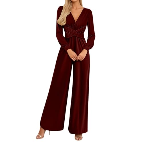 Genérico Enterizo para mujer, cuello en V, manga larga abombada, pierna ancha, elegante, con bolsillos