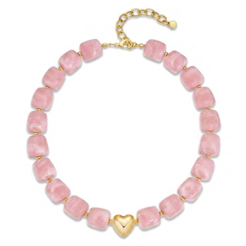 Collier de perles roses ras du cou bohème avec grosses perles et cœur