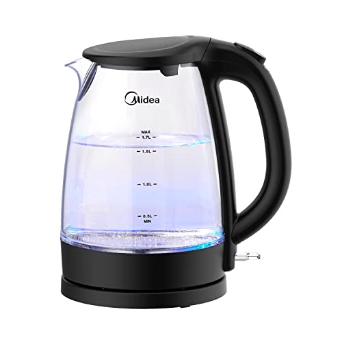 Midea MK 17G02A2   Hervidor eléctrico, 1,7 L, hervidor de cristal sin BPA, con indicador LED azul, 2200 W de ebullición rápida, filtro extraíble, cable recogedor, apagado automático