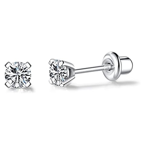 925 Sterling Silver Earrings Stud with Screwback Cubic Zirconia for Women Earring With Screw Backs CZ Hypoallergenic (CZ-White) Cover