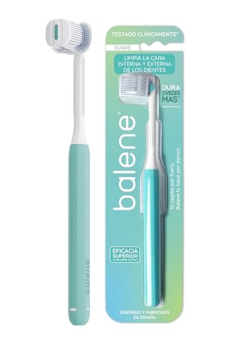 BALENE - Cepillo de Dientes Doble Cara, Limpieza profunda de la Cara Interna y Externa de los dientes, Mango Giratorio, Filamentos Antibacterianos, Dureza Suave, Color Aguamarina