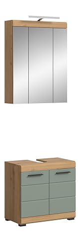 furnling Badmöbel-Set Scott, Badezimmer-Set 2-teilig, Spiegelschrank mit Beleuchtung, Waschbeckenunterschrank, Badschränke, Salbei/Artisan Eiche furnling Badmöbel-Set Scott, Badezimmer-Set 2-teilig, Spiegelschrank mit Beleuchtung, Waschbeckenunterschrank, Badschränke, Salbei/Artisan Eiche