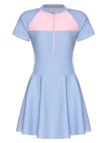 Yartina Kids Girls One Piece Swimsuit Short Sleeve Swimming Dress Quickly Dry Swimwear Bathing Suit