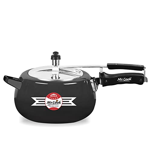 Image of MR COOK By United Metalik Elite Plus Aluminium Induction Base Hard Anodised Pressure Cooker with Stainless steel Inner Lid, Lead Free Safety Valve, Easy Grip Handle, Gas stove Compatible, 60 months warranty (Black) (5 Litre)