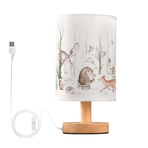 Image of YYZZH Woodland Animal Table Lamp with Wood Base and Fabric Shade for Bedside, Desk, Living Room, Bedroom, Kids Room, Office
