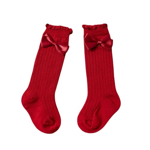 Toddler Girl's Christmas Knee High Socks, Ribbed Bowknot Rhinestone Pearl Decoration Anti-Slip Calf Socks