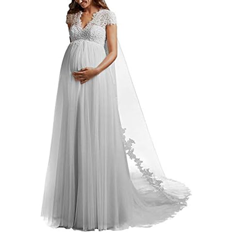 HUINI Damen Spitzen Brautkleider Lang Große Größen für Schwangere Hochzeitskleid Standesamt Tüll Kurzarm Weiß 40 Cover