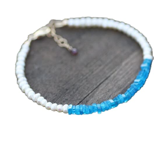 Bracelet apatite bleue et perles en argent 925, bijou empilable mixte réglable
