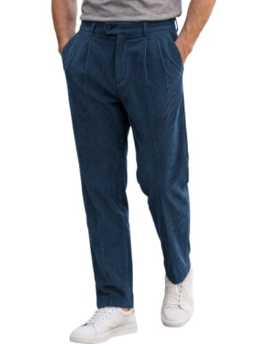 JMIERR Men's Corduroy Pants Stretch Relaxed Fit Pleated Trousers,Blue,XL