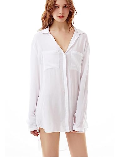 Image of TOUSYEA Sleep Shirts for Women Button Down Shirts Long Sleeve Sleepwear Swimsuit Cover Ups Soft Pajama Tops