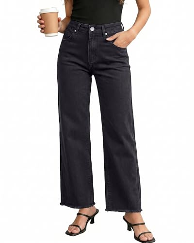 Image of GRAPENT Straight Leg Jeans for Women High Waisted Stretchy Frayed Raw Hem Loose Denim Pants Casual Baggy Jean Trousers