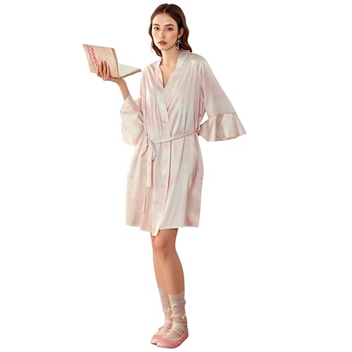 Night Poem Women's Satin Robe, Silk Kimono Robe with Ruffled Cuffs and Sash,Gossamer Pink M