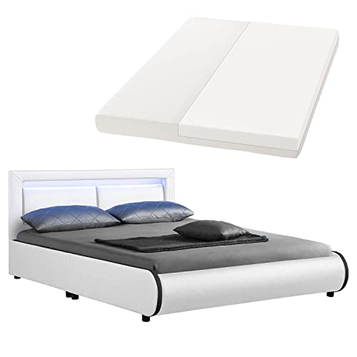 Juskys Polsterbett Murcia 140x200 cm mit Matratze, LED Beleuchtung,...