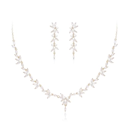 Image of White Faux Pearl Leaf Vine Bridal Cubic Zirconia Jewelry Set for Women