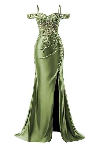 Image of Mermaid Satin Prom Dresses 2026 Lace Applique Off Shoulder Formal Evening Gown with Slit