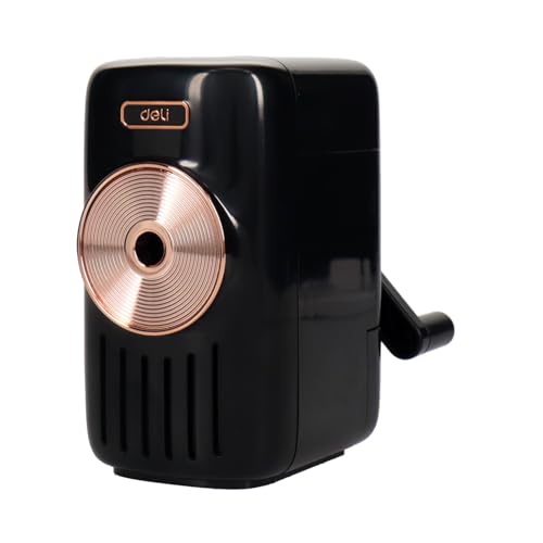 deli E71165A 鉛筆削り 手動 ブラック 黒 シンプル レトロデザイン コンパクトでおしゃれ 自動ペン送り機能付 上部な合金鋼カッターを採用 <芯の太さが5段階で調節可能> <ハンドルを回すと音楽が流れるオルゴールデザイン> 鉛筆 色鉛筆 6.9