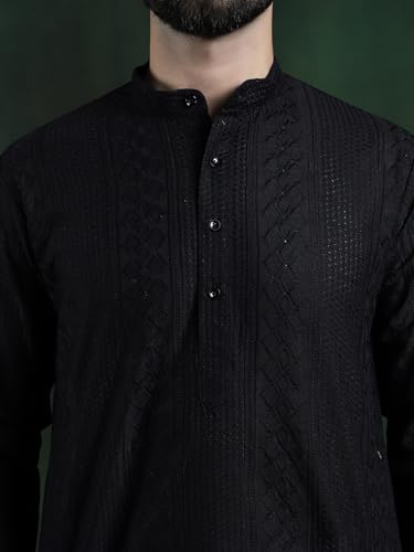 Image of SOJANYA (Since 1958 Men's Pure Cotton Checked Embroidered Long Kurta | Traditional for Diwali Celebrations