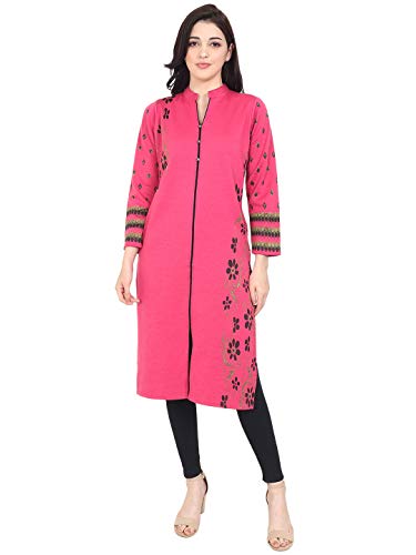 Image of Rosary Women's Winter Wear Jacquard Woolen Straight Kurti with 2 Side Pockets,RZ017HOTPINK-M