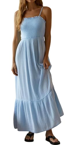 Image of R.Vivimos Womens Summer Boho Cotton Maxi Dress Adjustable Spaghetti Strap Elastic Smocked Casual Ruffle Hem Flowy Beach Dress
