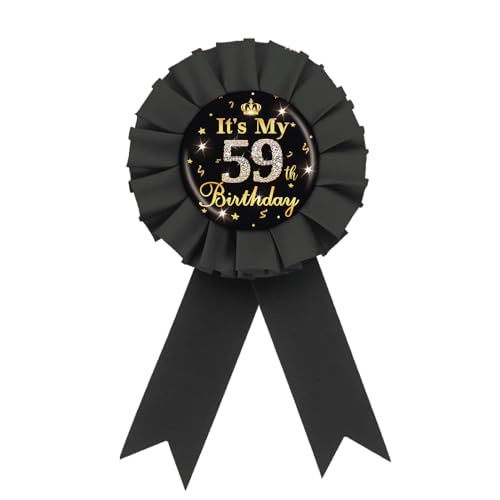 Image of It's My 59th Birthday Tinplate Badge Pin, Gold Diamond Happy 59th Birthday Button Pin, Fifty Nine Birthday Black Rosette Award Ribbon Pin for Women, Brooch Buttons for 59 Years Old Birthday Party Decoration