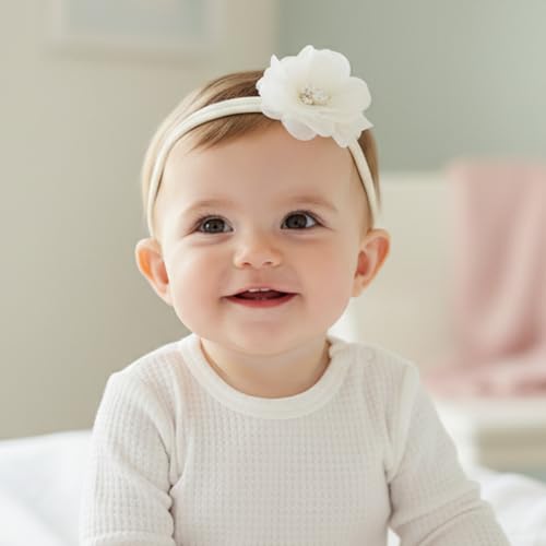 Image of SYGA 3 Pack Baby Girl Headbands - Soft Stretchable Nylon Flower Comfortable Elastic Hairbands for Newborns, Infants & Toddlers 0-3 Years (Off-White)
