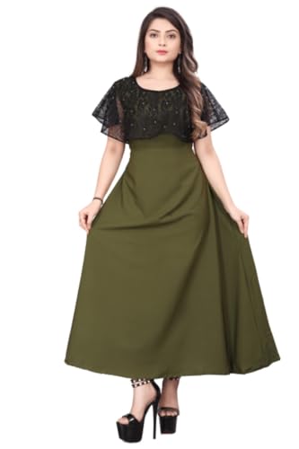 Image of Women's Poly Crepe Round Neck Plain Gown Dress