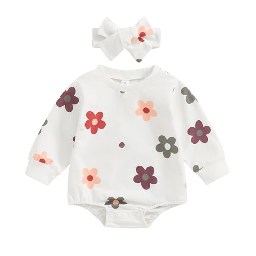 Image of mlpeerw Newborn Baby Girl Clothes Infant Sweatshirt Bubble Romper Dinosaur Bodysuit With Headband Cute Fall Winter Outfit