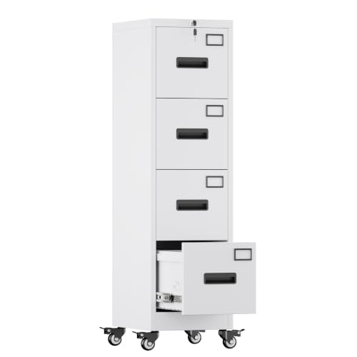 Image of Aobabo 4 Drawer Metal File Cabinet with Lock and Wheels, White