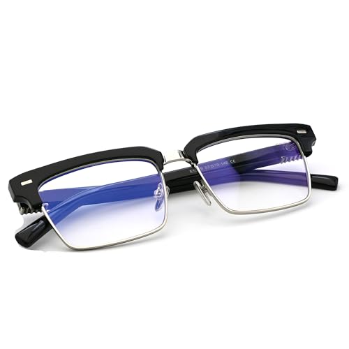 Image of Semi Rimless Rectangle Blue Light Glasses Men Women Black Square Eyewear