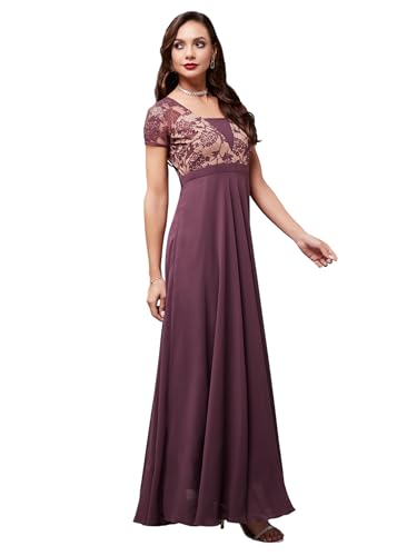 Image of Miss Chase Women's V-Neck Full Sleeve Self Design Lace-Overlaid Georgette Maxi Dress