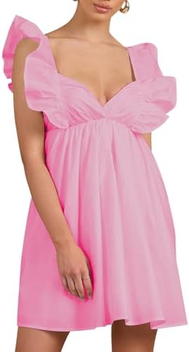 hibshaby Womens Sexy Deep V Neck Ruffle Sleeve Mini Dress Backles...