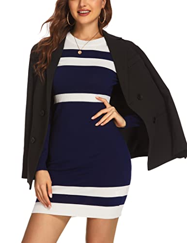 Image of Beyove Women's Colorblock Striped Long Sleeve Cotton Knit Sweater Bodycon Dress XS-XXL
