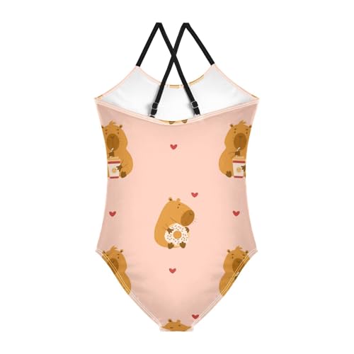Girls One Piece Swimsuits Capybara with Donut and Coffee Sport Halter Swimwear Beach Bathing Suit, 3T2