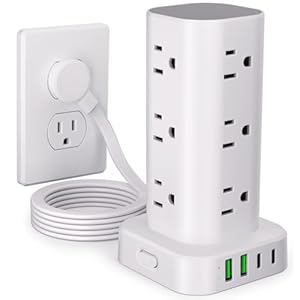 Power Strip Tower with Multiple Outlets, Flat Plug Surge Protector Tower Extension Cord with 12 AC Outlets 4 USB Ports (2 USB C), 6FT Cord Power Tower Surge Protector for Home Office Dorm Room, White
