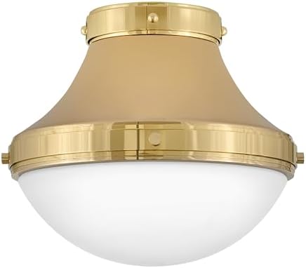 Hinkley Oliver 39051BBR Small Flush Mount Ceiling Light, Smooth Tapered Silhouette with a Rounded Etched Opal Glass Shade, in Bright Brass