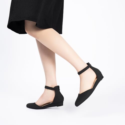Image of Cusolemore Women Flat Shoes with Ankle Strap, Low Wedge Heel Flats for Women, Comfortable Pointed Toe Dress Shoes for Work Business Wedding