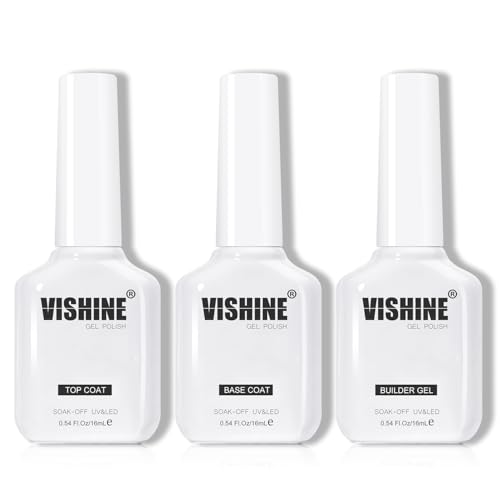 Vishine 3Pcs 16ml Builder Nail Gel with No Wipe Top Coat Base Gel Builder Extension Gel for Nails Shine Finish and Long Lasting LED Nail Lamp Cured