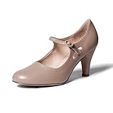 J. Adams Pixie Mary Jane Shoes Women Oxford Pumps - Cute Low Kitten High Heels - Retro Vintage Shoes for Women 1950s Mary Janes Round Toe Shoe with Ankle Strap - Womens Dress Shoes Taupe